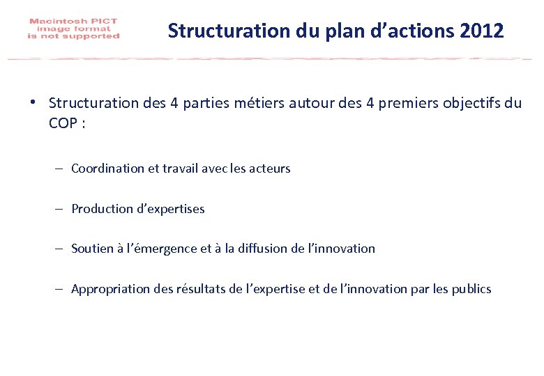 Structuration du plan d’actions 2012 • Structuration des 4 parties métiers autour des 4