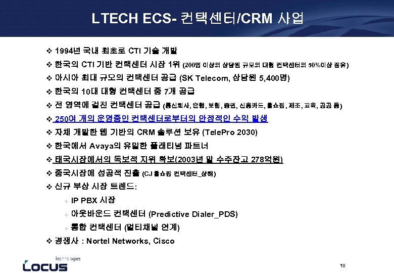 LTECH ECS- 컨택센터/CRM 사업 v 1994년 국내 최초로 CTI 기술 개발 v 한국의 CTI