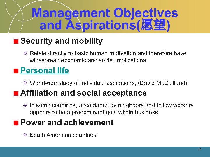 Management Objectives and Aspirations(愿望) Security and mobility Relate directly to basic human motivation and