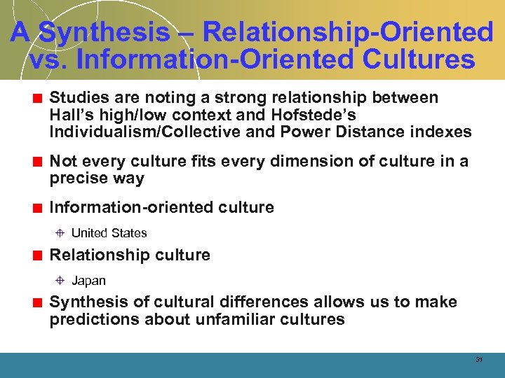 A Synthesis – Relationship-Oriented vs. Information-Oriented Cultures Studies are noting a strong relationship between