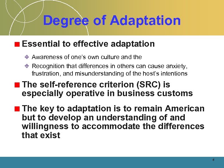 Degree of Adaptation Essential to effective adaptation Awareness of one’s own culture and the