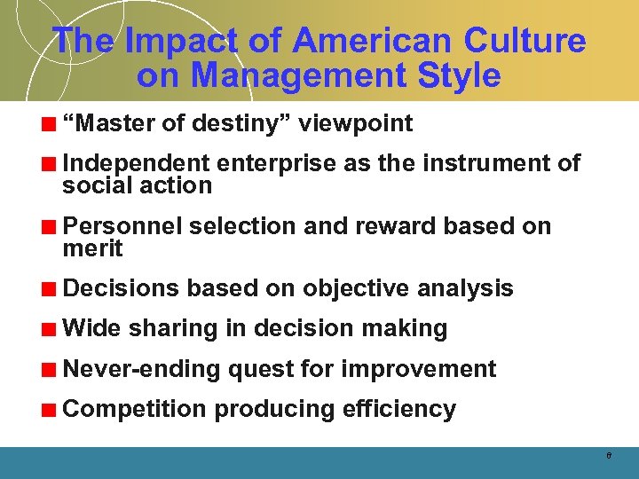 The Impact of American Culture on Management Style “Master of destiny” viewpoint Independent enterprise