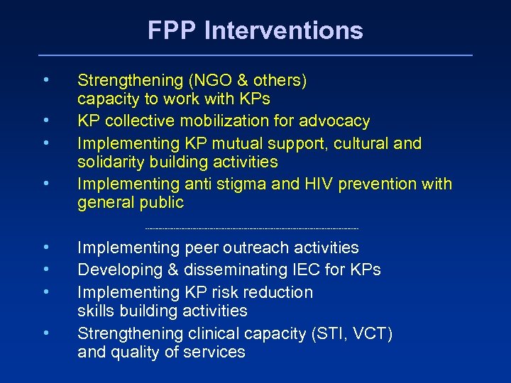 FPP Interventions • • Strengthening (NGO & others) capacity to work with KPs KP