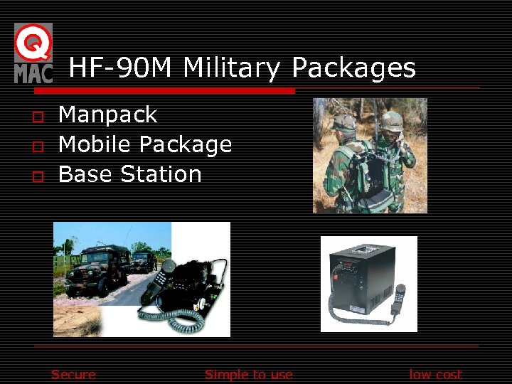HF-90 M Military Packages o o o Manpack Mobile Package Base Station Secure Simple