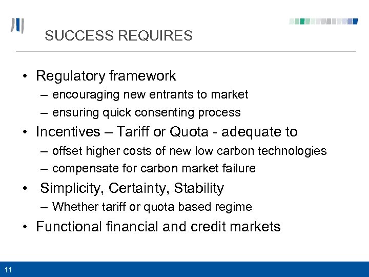 SUCCESS REQUIRES • Regulatory framework – encouraging new entrants to market – ensuring quick