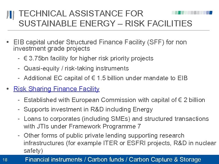 TECHNICAL ASSISTANCE FOR SUSTAINABLE ENERGY – RISK FACILITIES • EIB capital under Structured Finance