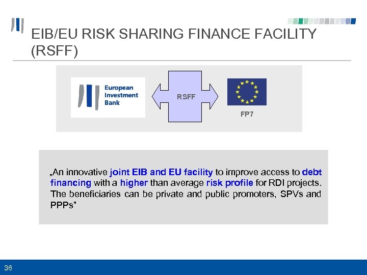 EIB/EU RISK SHARING FINANCE FACILITY (RSFF) RSFF FP 7 „An innovative joint EIB and
