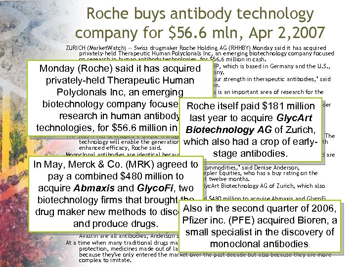 Roche buys antibody technology company for $56. 6 mln, Apr 2, 2007 ZURICH (Market.