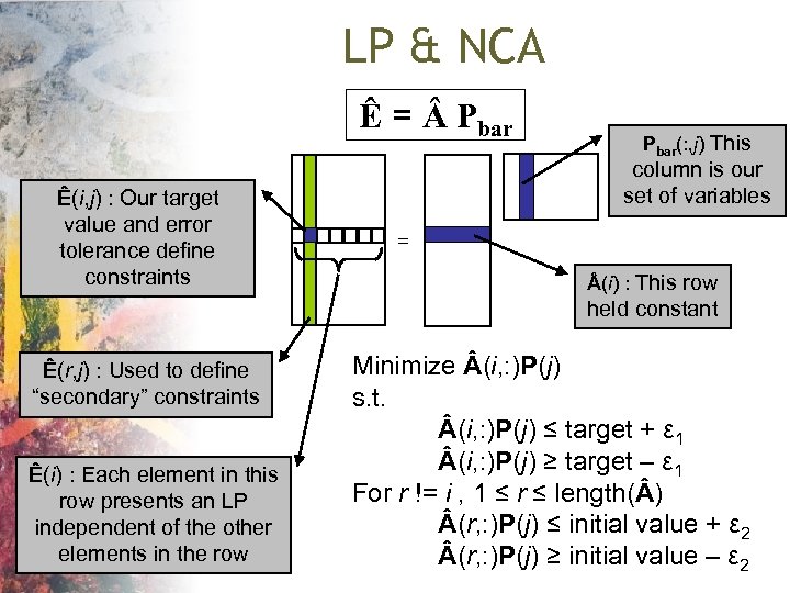 LP & NCA Ê = Pbar Ê(i, j) : Our target value and error