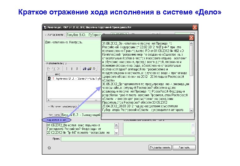 Краткое отражение хода исполнения в системе «Дело» 