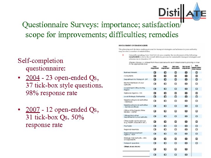 Questionnaire Surveys: importance; satisfaction/ scope for improvements; difficulties; remedies Self-completion questionnaire: • 2004 -