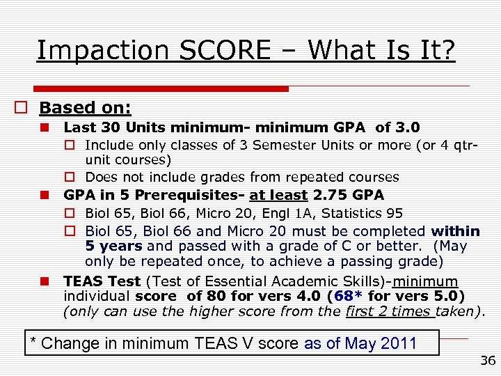 Impaction SCORE – What Is It? o Based on: n Last 30 Units minimum-