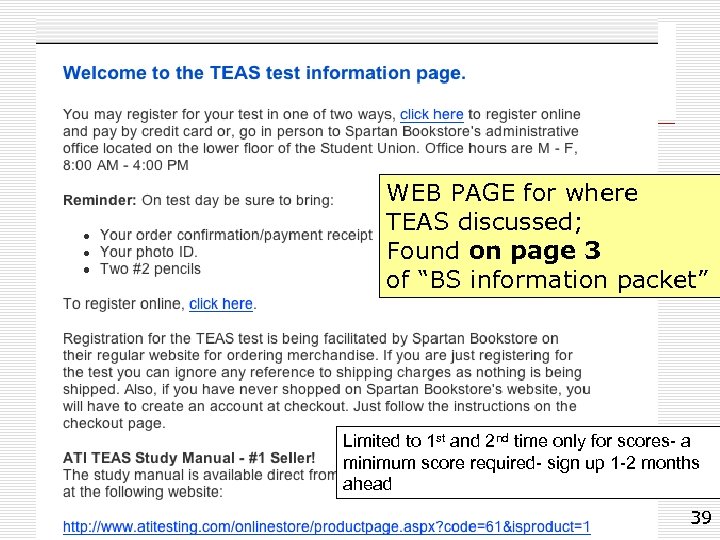 WEB PAGE for where TEAS discussed; Found on page 3 of “BS information packet”