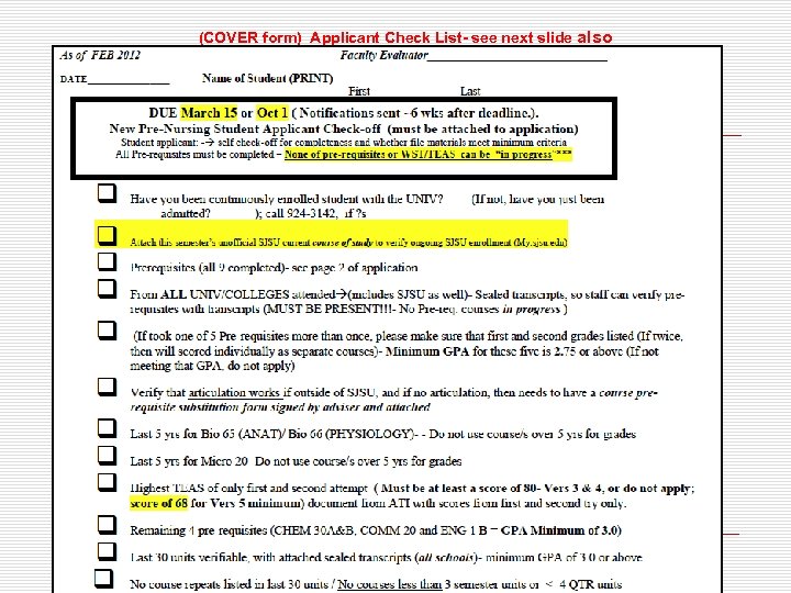 (COVER form) Applicant Check List- see next slide also 