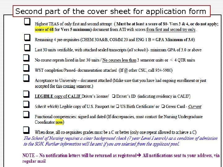 Second part of the cover sheet for application form (COVER form) Applicant Check List