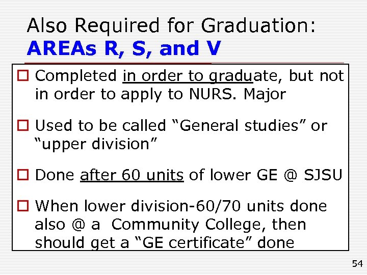 Also Required for Graduation: AREAs R, S, and V o Completed in order to