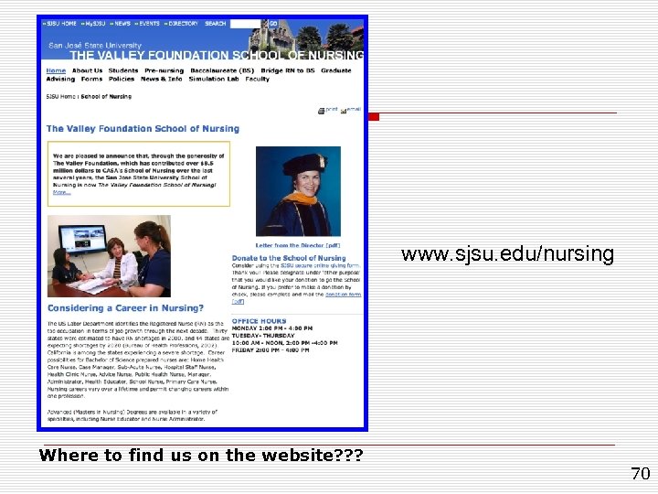 www. sjsu. edu/nursing Where to find us on the website? ? ? 70 