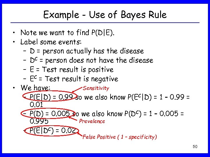 Example - Use of Bayes Rule • Note we want to find P(D|E). •