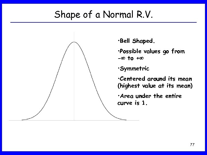 Shape of a Normal R. V. • Bell Shaped. • Possible values go from