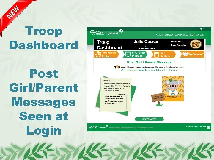 Troop Dashboard Post Girl/Parent Messages Seen at Login 