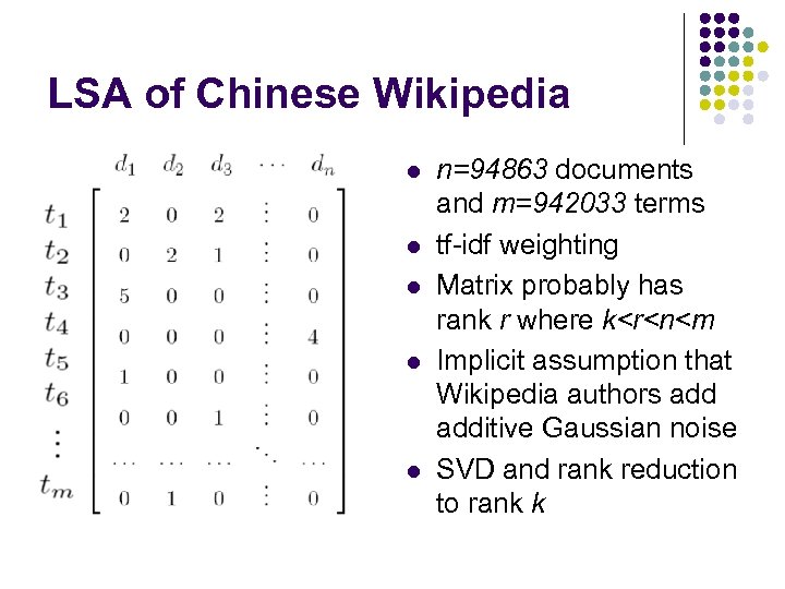 LSA of Chinese Wikipedia l l l n=94863 documents and m=942033 terms tf-idf weighting