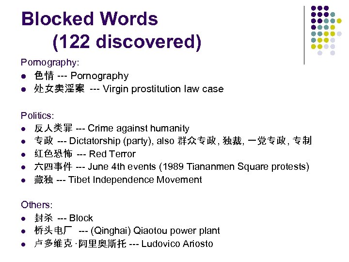 Blocked Words (122 discovered) Pornography: l l 色情 --- Pornography 处女卖淫案 --- Virgin prostitution