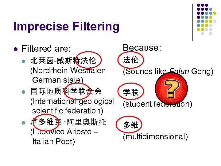 Imprecise Filtering l Filtered are: l l l 北莱茵-威斯特法伦 (Nordrhein-Westfalen – German state) 国际地质科学联合会