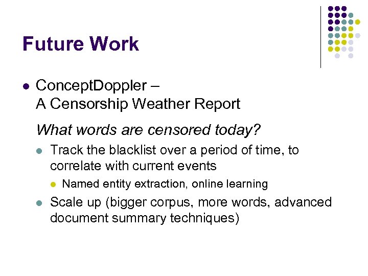 Future Work l Concept. Doppler – A Censorship Weather Report What words are censored