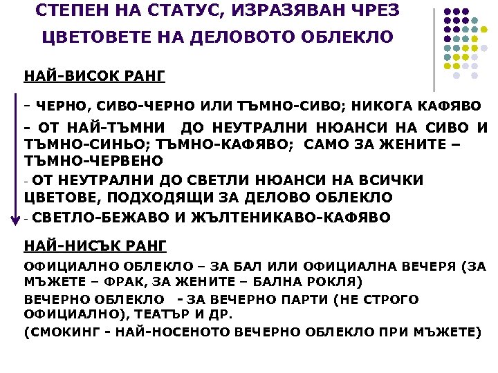 СТЕПЕН НА СТАТУС, ИЗРАЗЯВАН ЧРЕЗ ЦВЕТОВЕТЕ НА ДЕЛОВОТО ОБЛЕКЛО НАЙ-ВИСОК РАНГ - ЧЕРНО, СИВО-ЧЕРНО