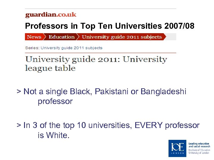 Professors in Top Ten Universities 2007/08 > Not a single Black, Pakistani or Bangladeshi