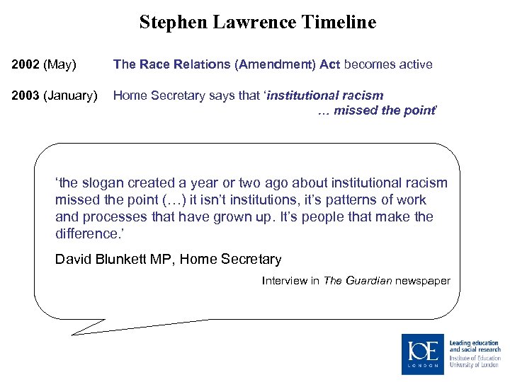 Stephen Lawrence Timeline 2002 (May) The Race Relations (Amendment) Act becomes active 2003 (January)