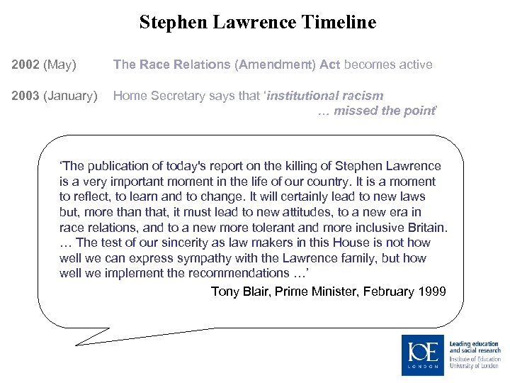 Stephen Lawrence Timeline 2002 (May) The Race Relations (Amendment) Act becomes active 2003 (January)