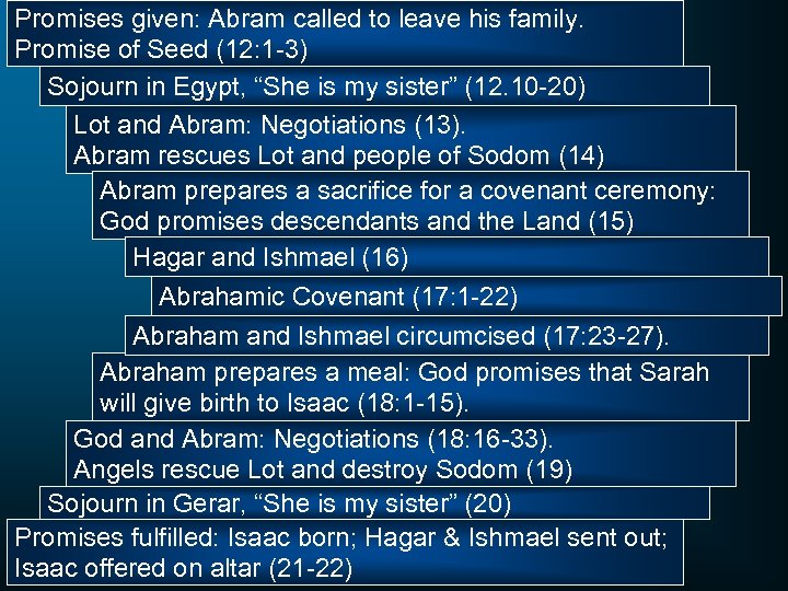 Promises given: Abram called to leave his family. Promise of Seed (12: 1 -3)