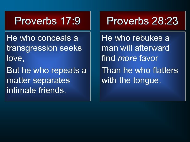 Proverbs 17: 9 He who conceals a transgression seeks love, But he who repeats
