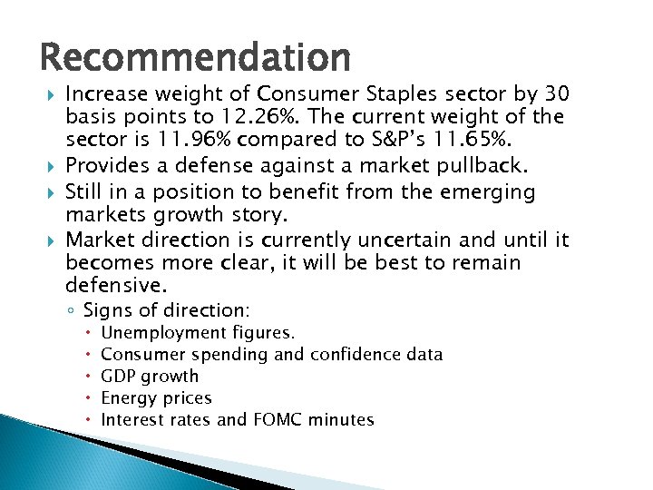 Recommendation Increase weight of Consumer Staples sector by 30 basis points to 12. 26%.