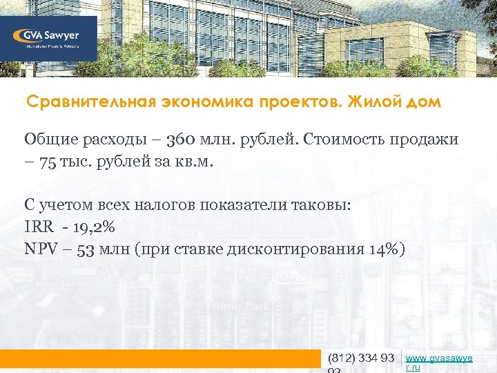 Сравнительная экономика проектов. Жилой дом Общие расходы – 360 млн. рублей. Стоимость продажи –