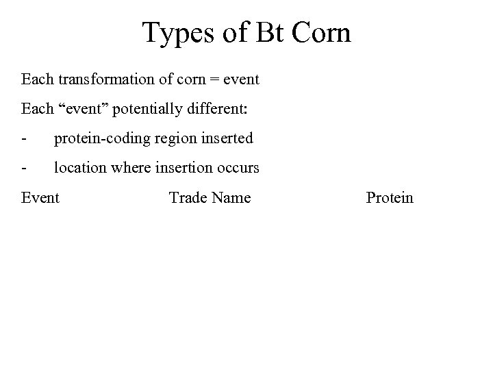 Types of Bt Corn Each transformation of corn = event Each “event” potentially different: