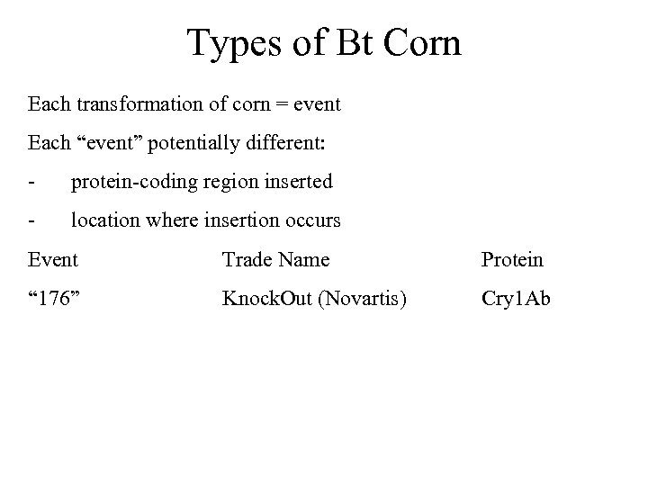 Types of Bt Corn Each transformation of corn = event Each “event” potentially different: