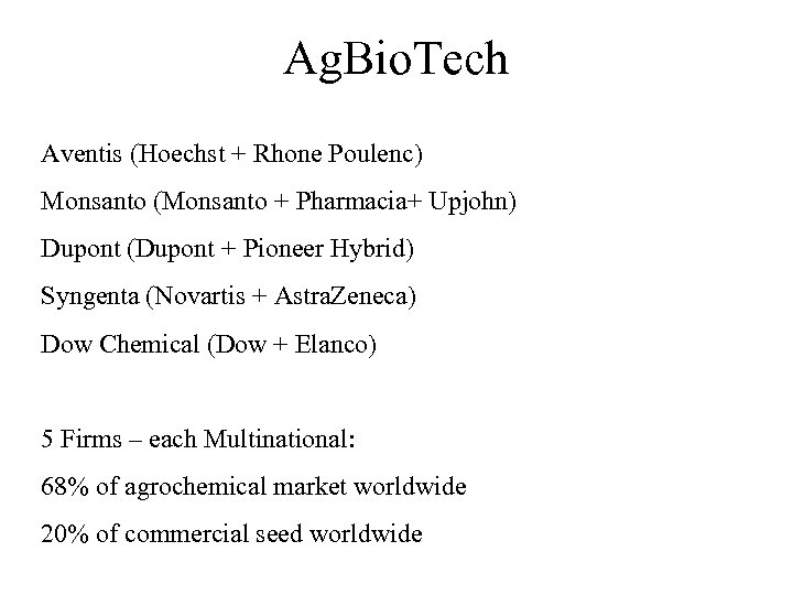 Ag. Bio. Tech Aventis (Hoechst + Rhone Poulenc) Monsanto (Monsanto + Pharmacia+ Upjohn) Dupont