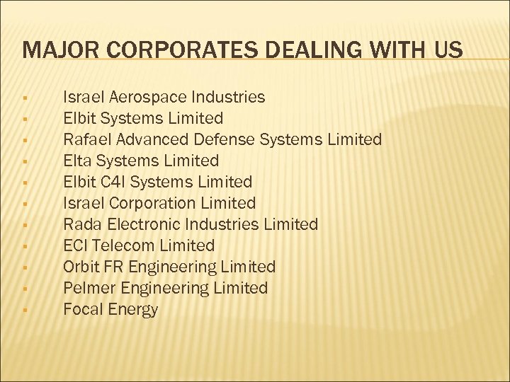 MAJOR CORPORATES DEALING WITH US § § § Israel Aerospace Industries Elbit Systems Limited