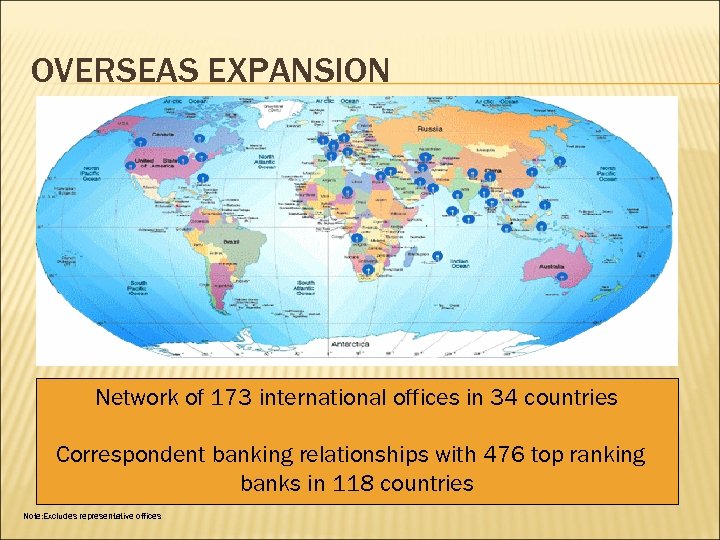 OVERSEAS EXPANSION Network of 173 international offices in 34 countries Correspondent banking relationships with