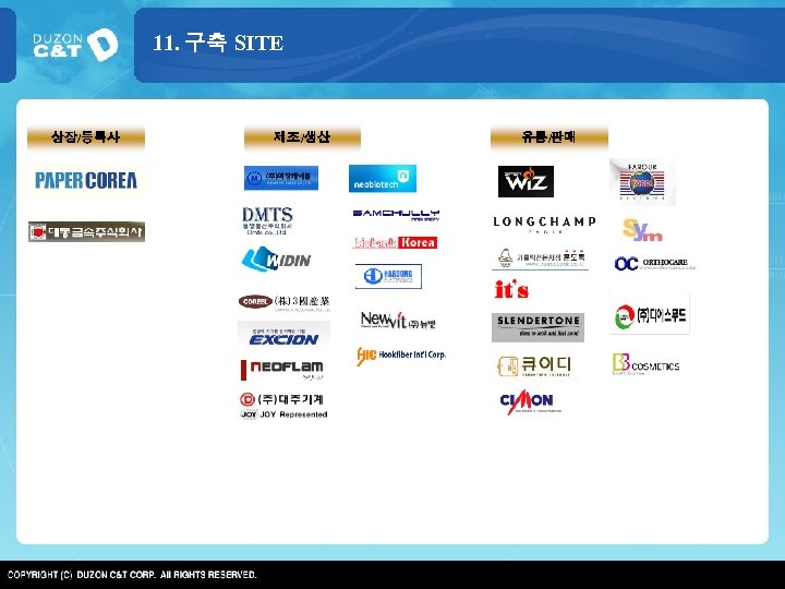 11. 구축 SITE 상장/등록사 제조/생산 유통/판매 