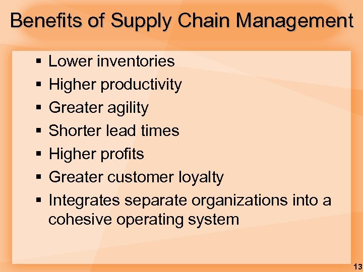 Benefits of Supply Chain Management § § § § Lower inventories Higher productivity Greater