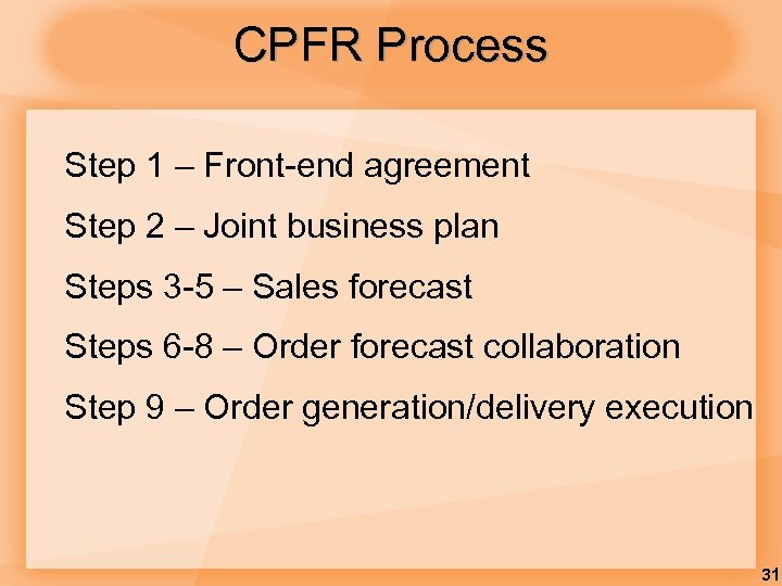 CPFR Process Step 1 – Front-end agreement Step 2 – Joint business plan Steps