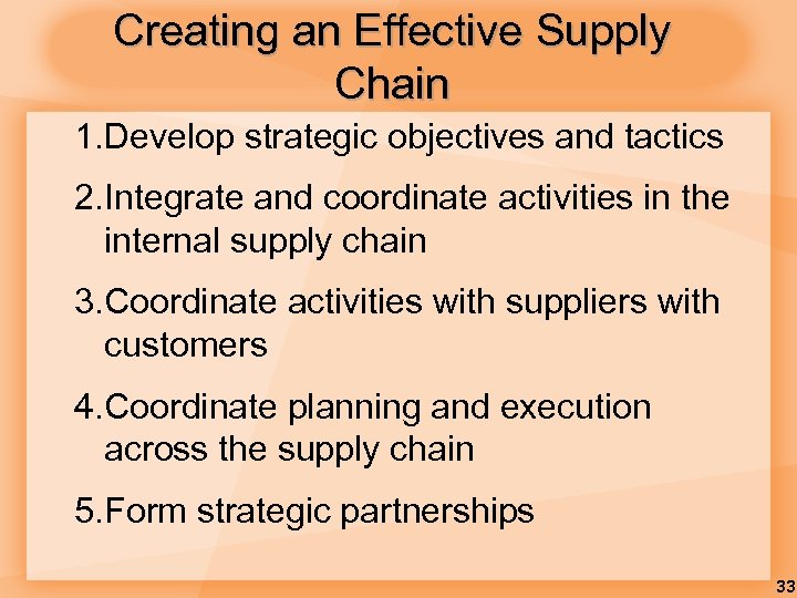 Creating an Effective Supply Chain 1. Develop strategic objectives and tactics 2. Integrate and