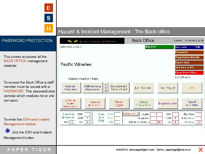 E S H Hazard & Incident Management : The Back office PASSWORD PROTECTION This