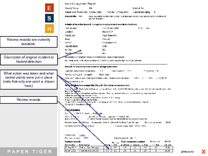 E S H Review records are instantly available. Description of original incident or hazard