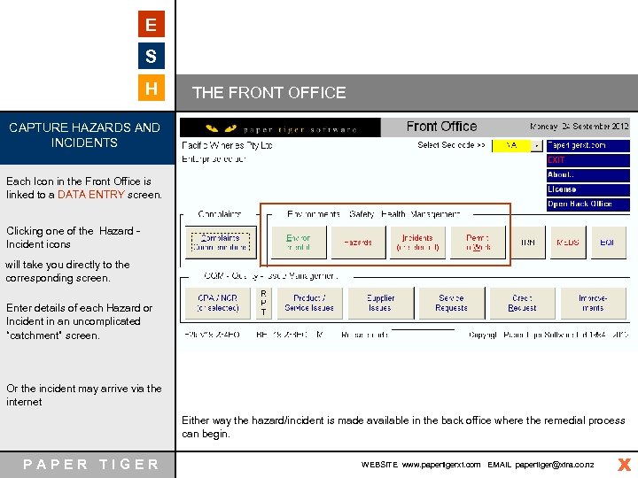 E S H THE FRONT OFFICE CAPTURE HAZARDS AND INCIDENTS Each Icon in the