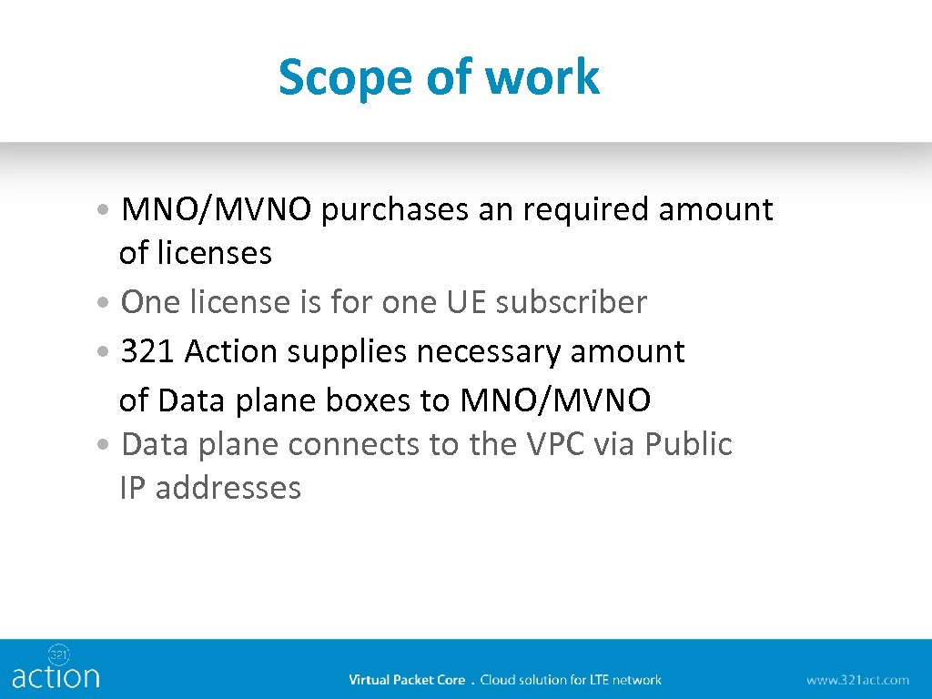 Scope of work • MNO/MVNO purchases an required amount of licenses • One license