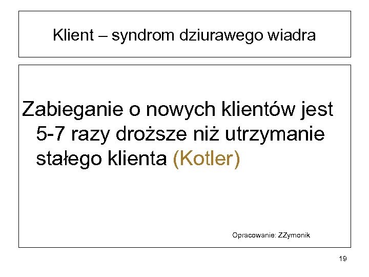 Klient – syndrom dziurawego wiadra Zabieganie o nowych klientów jest 5 -7 razy droższe